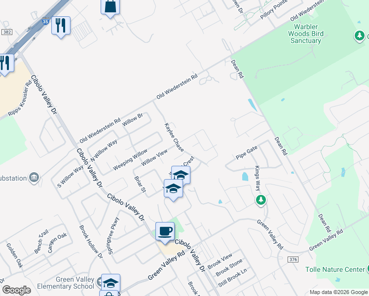 map of restaurants, bars, coffee shops, grocery stores, and more near 353 Willow View in Cibolo