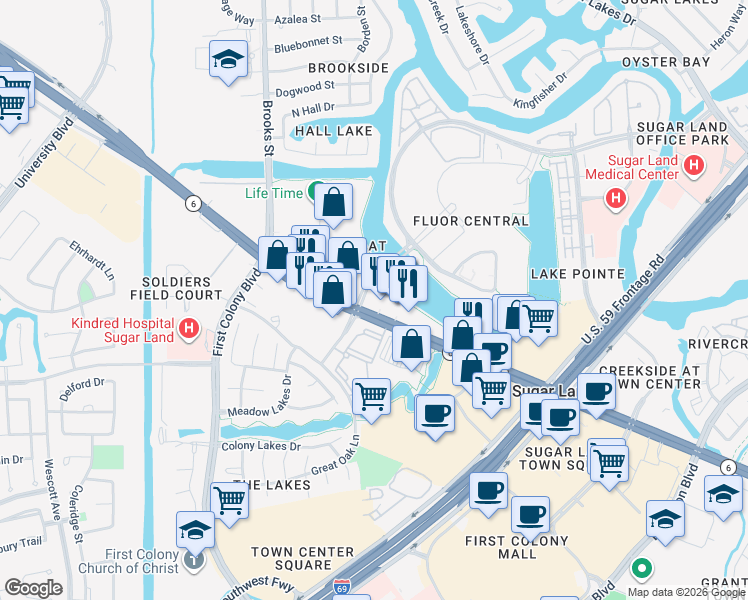 map of restaurants, bars, coffee shops, grocery stores, and more near 1525 Highway 6 in Sugar Land