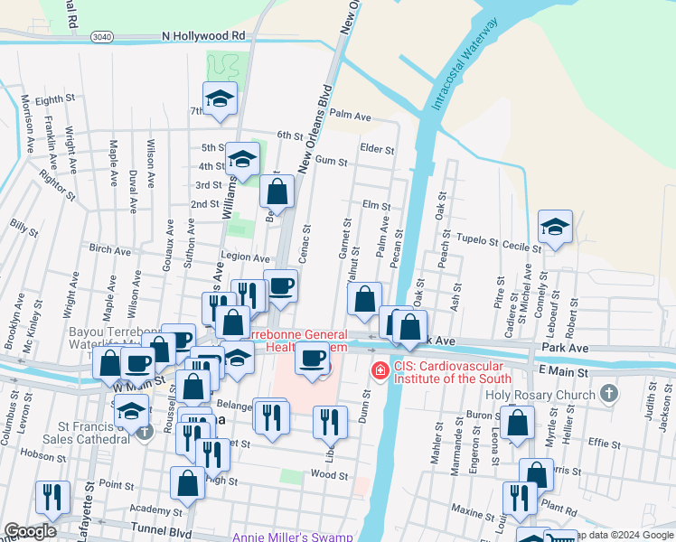 map of restaurants, bars, coffee shops, grocery stores, and more near 221 Walnut Street in Houma