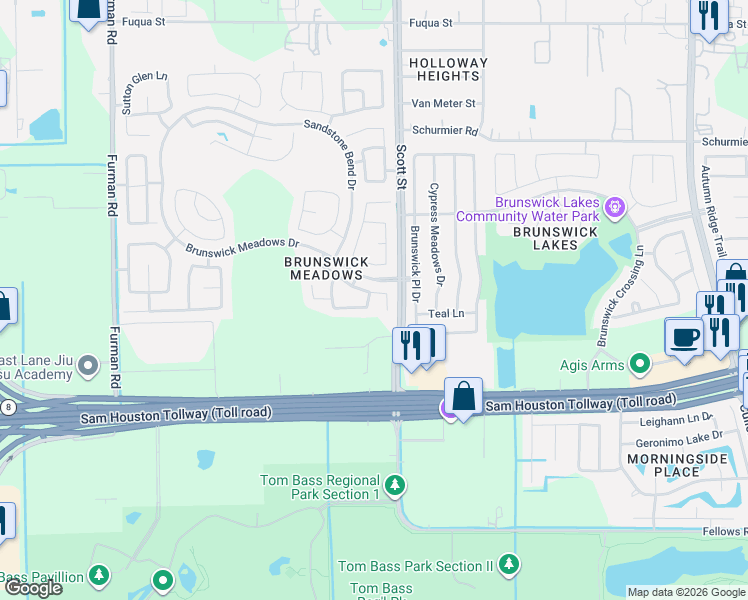 map of restaurants, bars, coffee shops, grocery stores, and more near 3429 Victorian Manor Lane in Houston