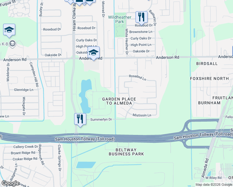 map of restaurants, bars, coffee shops, grocery stores, and more near 15423 Jupiter Drive in Houston
