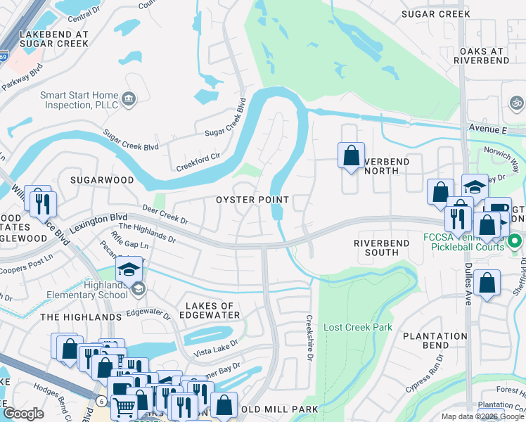 map of restaurants, bars, coffee shops, grocery stores, and more near 3407 Crystal Creek Court in Sugar Land