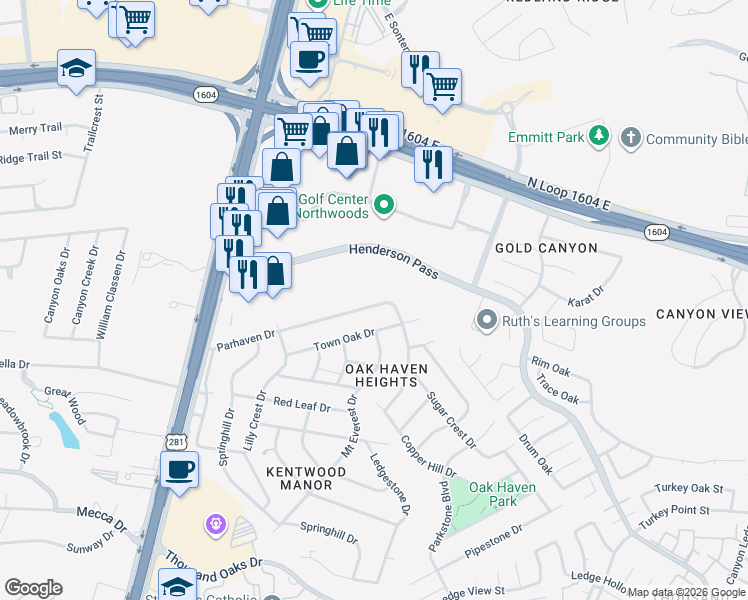 map of restaurants, bars, coffee shops, grocery stores, and more near 17655 Henderson Pass in San Antonio