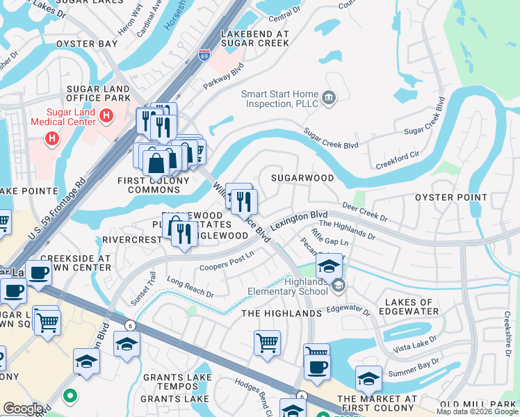 map of restaurants, bars, coffee shops, grocery stores, and more near 1714 Overland Pass Drive in Sugar Land