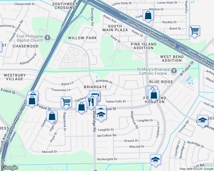 map of restaurants, bars, coffee shops, grocery stores, and more near 15330 Ohara Drive in Missouri City