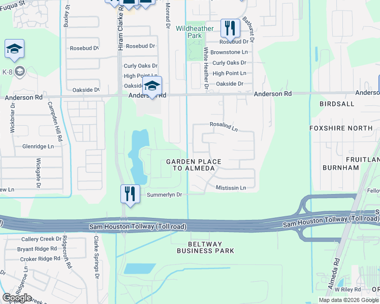 map of restaurants, bars, coffee shops, grocery stores, and more near 15423 Jupiter Drive in Houston