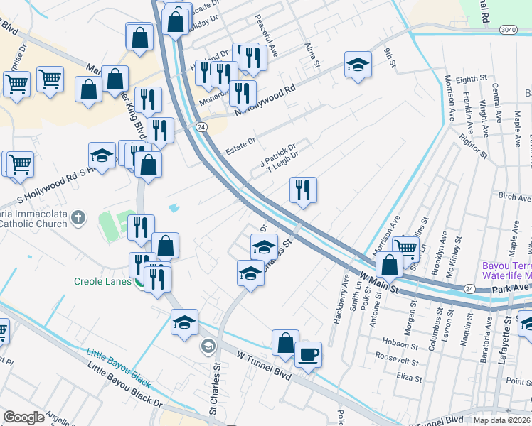 map of restaurants, bars, coffee shops, grocery stores, and more near 7141 Main St in Houma