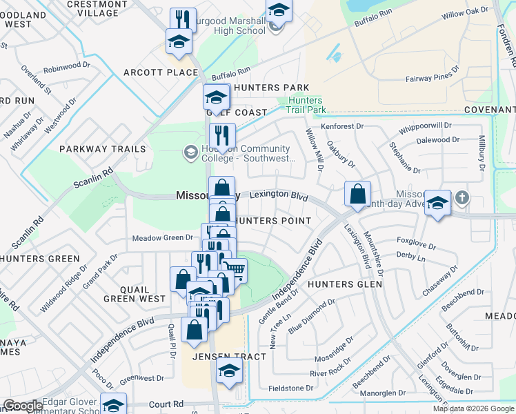 map of restaurants, bars, coffee shops, grocery stores, and more near 1802 Creighton Drive in Missouri City