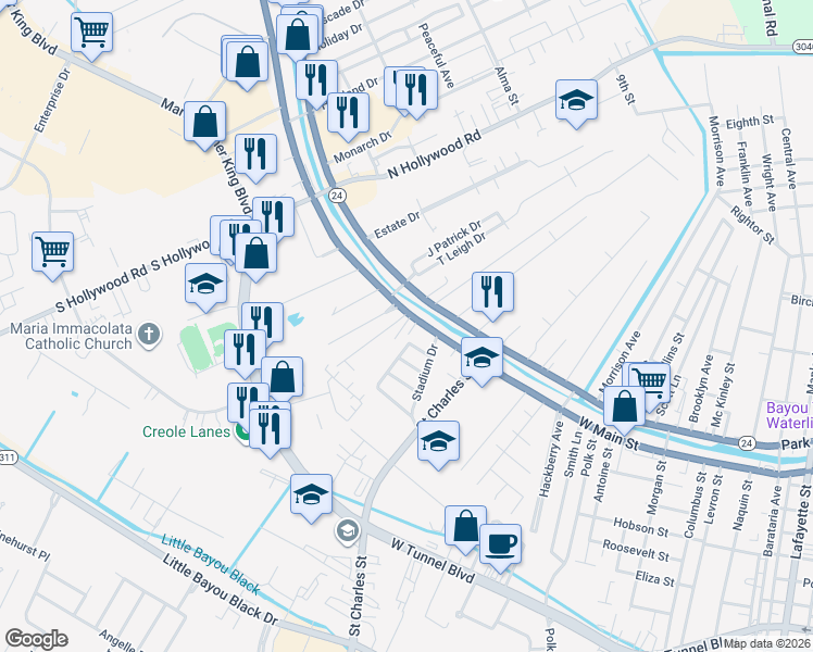 map of restaurants, bars, coffee shops, grocery stores, and more near 7097-7141 Main St in Houma