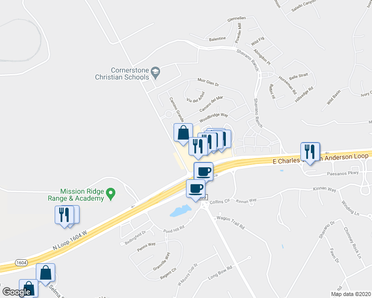 map of restaurants, bars, coffee shops, grocery stores, and more near 4079 North Loop 1604 West in San Antonio