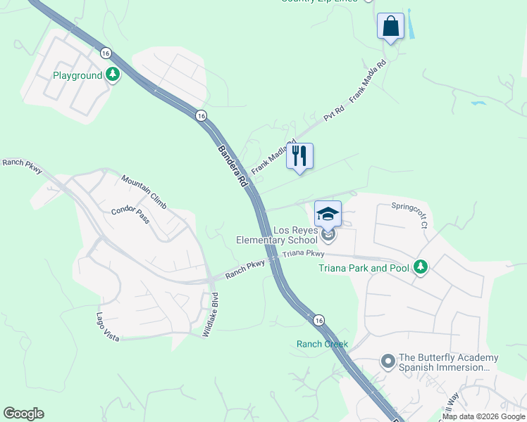 map of restaurants, bars, coffee shops, grocery stores, and more near 17202 Bandera Road in Helotes