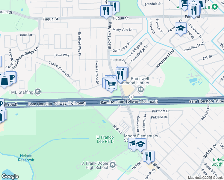 map of restaurants, bars, coffee shops, grocery stores, and more near 9828 Blackhawk Boulevard in Houston