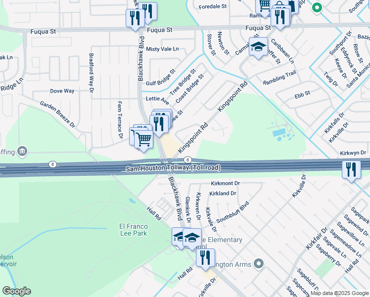 map of restaurants, bars, coffee shops, grocery stores, and more near 9100 Kingspoint Road in Houston
