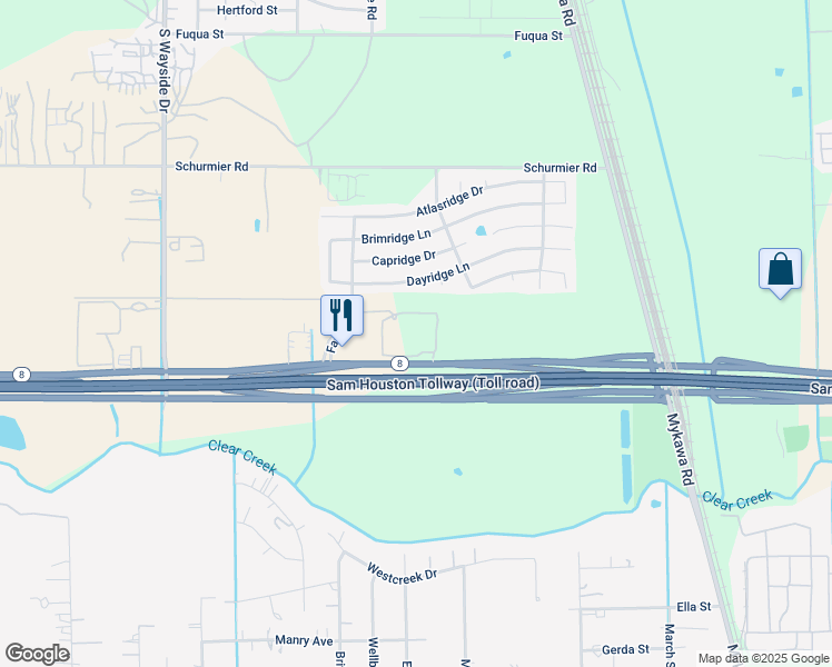 map of restaurants, bars, coffee shops, grocery stores, and more near 14155 Fayridge Drive in Houston