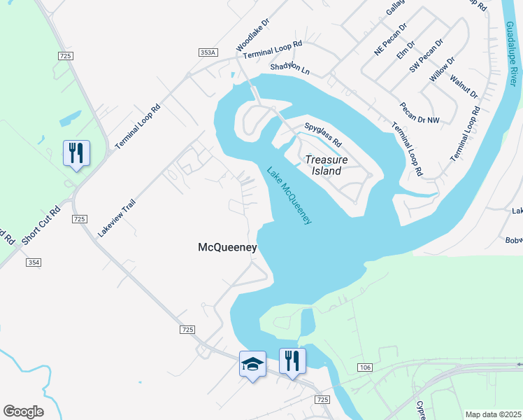 map of restaurants, bars, coffee shops, grocery stores, and more near 962 Lakeview Trail in McQueeney