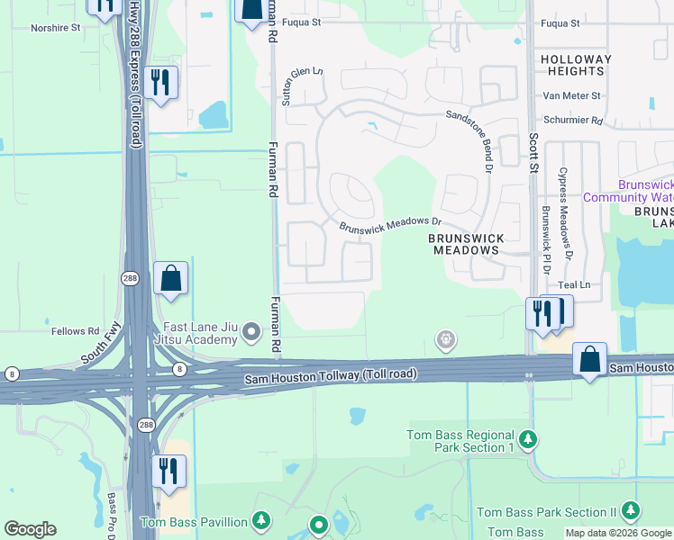 map of restaurants, bars, coffee shops, grocery stores, and more near 14415 Brunswick Point Lane in Houston