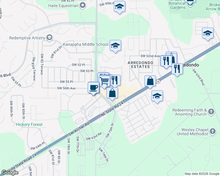 map of restaurants, bars, coffee shops, grocery stores, and more near 5333 Southwest 75th Street in Gainesville