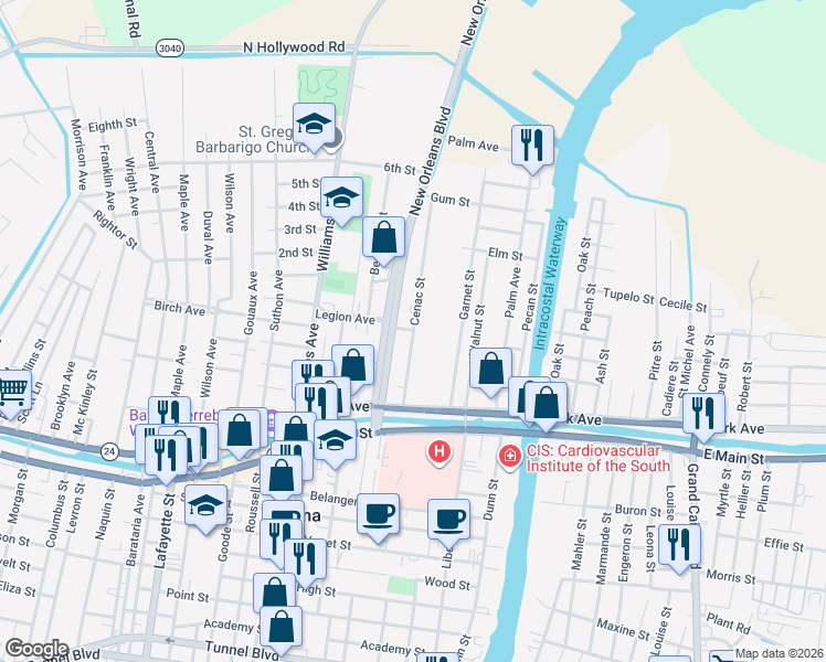 map of restaurants, bars, coffee shops, grocery stores, and more near 798 Dunlap Street in Houma