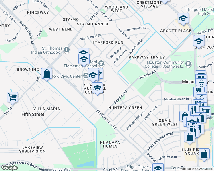 map of restaurants, bars, coffee shops, grocery stores, and more near Silver Street in Stafford