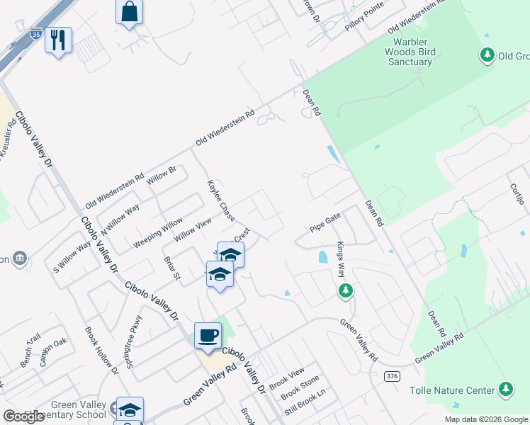 map of restaurants, bars, coffee shops, grocery stores, and more near 129 Blue Willow in Cibolo