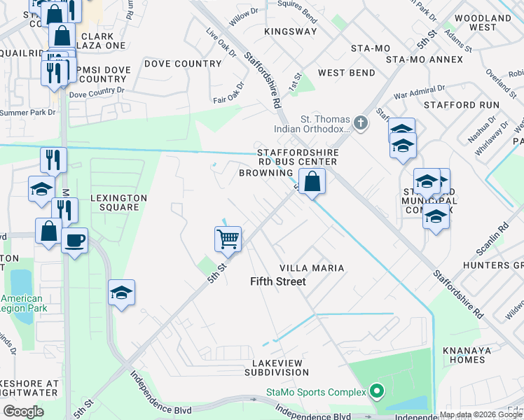 map of restaurants, bars, coffee shops, grocery stores, and more near 2856 5th Street in Stafford