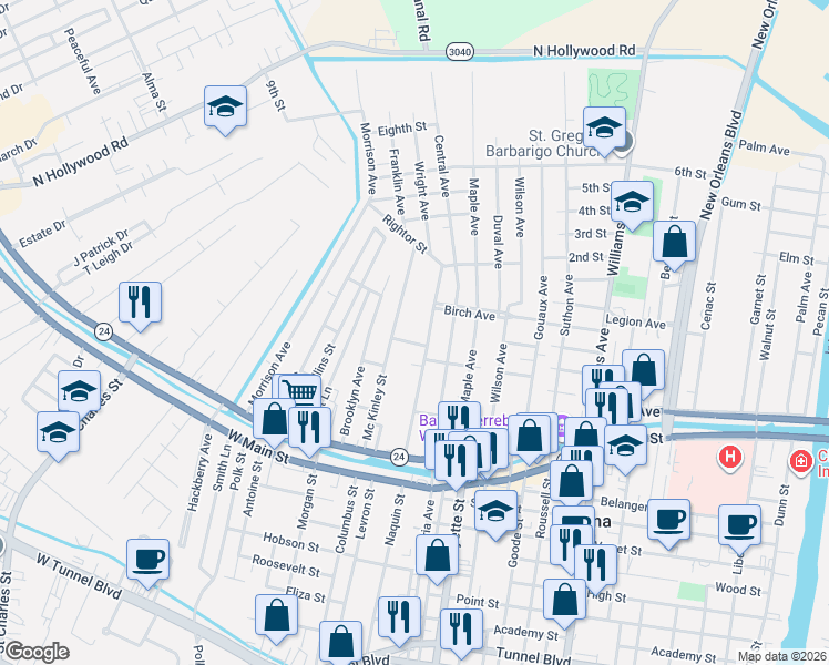 map of restaurants, bars, coffee shops, grocery stores, and more near 321 Wright Avenue in Houma