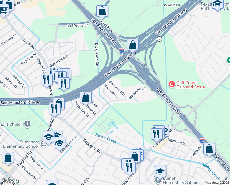 map of restaurants, bars, coffee shops, grocery stores, and more near 11223 Sageville Drive in Houston