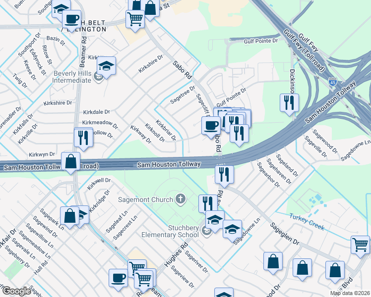 map of restaurants, bars, coffee shops, grocery stores, and more near 12107 Kirkholm Drive in Houston