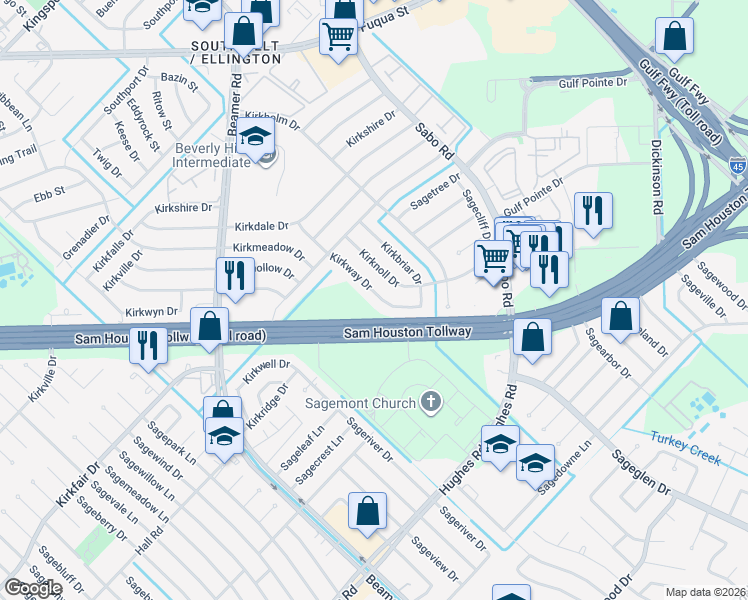 map of restaurants, bars, coffee shops, grocery stores, and more near 11923 Kirkway Drive in Houston