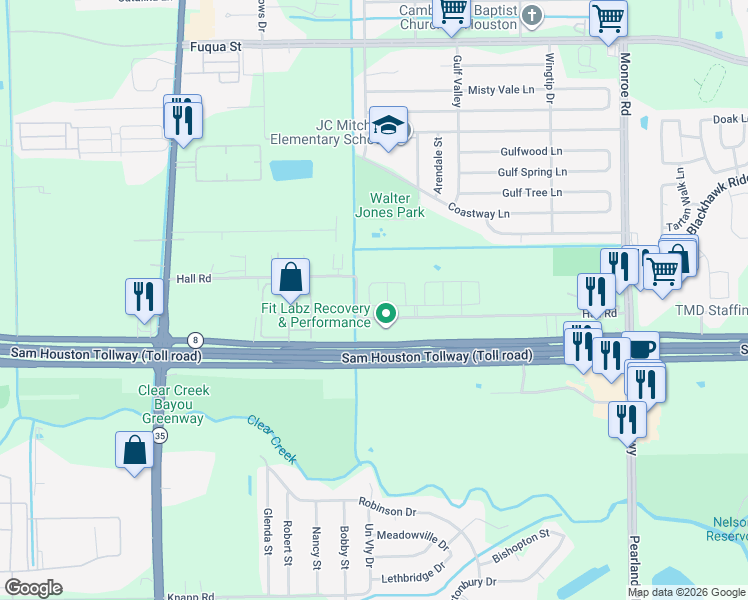 map of restaurants, bars, coffee shops, grocery stores, and more near 11206 Hall Pines Court in Houston