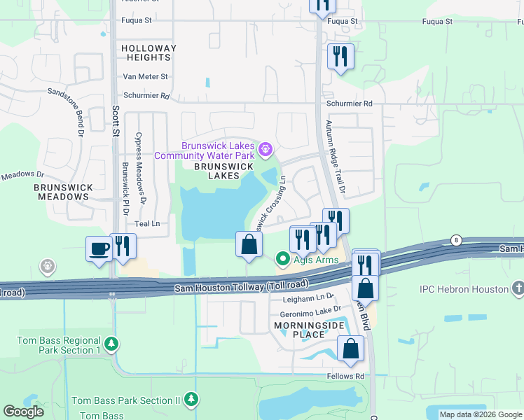 map of restaurants, bars, coffee shops, grocery stores, and more near Brunswick Crossing Trace Ln in Houston