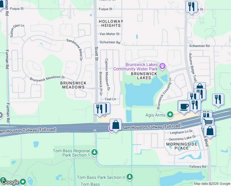 map of restaurants, bars, coffee shops, grocery stores, and more near 14406 Merganser Drive in Houston