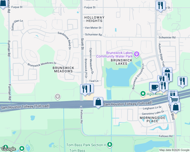 map of restaurants, bars, coffee shops, grocery stores, and more near 14406 Merganser Drive in Houston