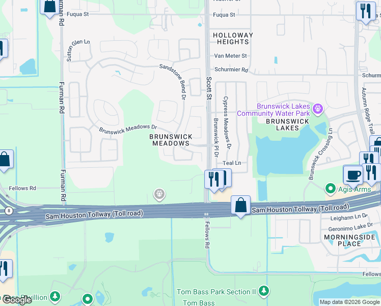 map of restaurants, bars, coffee shops, grocery stores, and more near 3319 Victorian Manor Lane in Houston