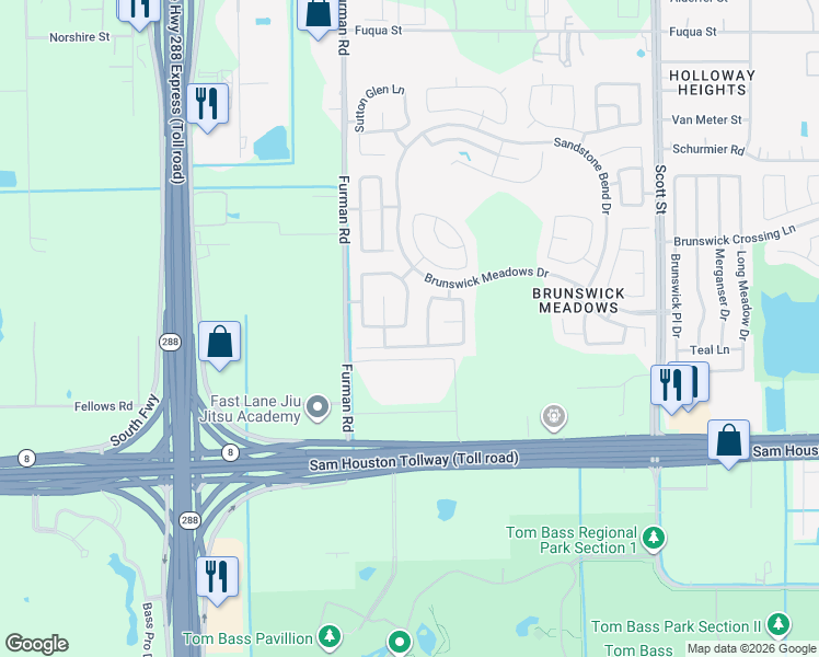 map of restaurants, bars, coffee shops, grocery stores, and more near 14415 Brunswick Point Lane in Houston