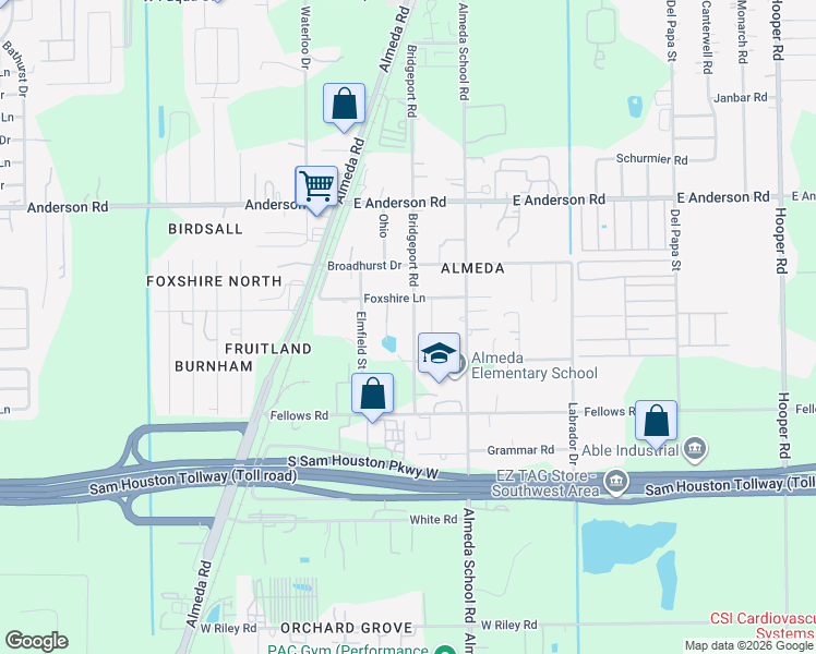 map of restaurants, bars, coffee shops, grocery stores, and more near 14110 Bridgeport Road in Houston