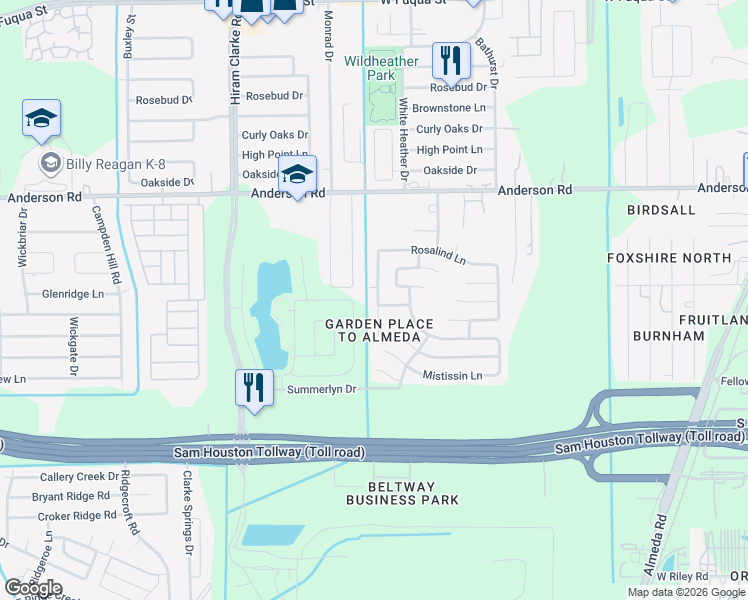 map of restaurants, bars, coffee shops, grocery stores, and more near 15423 Jupiter Drive in Houston