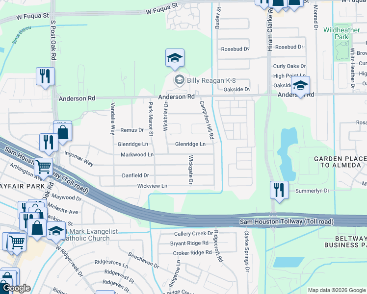 map of restaurants, bars, coffee shops, grocery stores, and more near 4926 Glenridge Lane in Houston