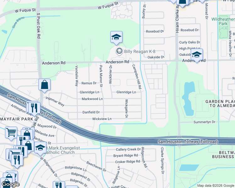map of restaurants, bars, coffee shops, grocery stores, and more near 4926 Glenridge Lane in Houston