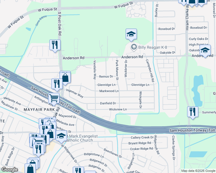 map of restaurants, bars, coffee shops, grocery stores, and more near 5118 Glenridge Lane in Houston