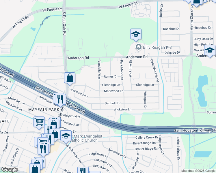 map of restaurants, bars, coffee shops, grocery stores, and more near 5150 Glenridge Lane in Houston
