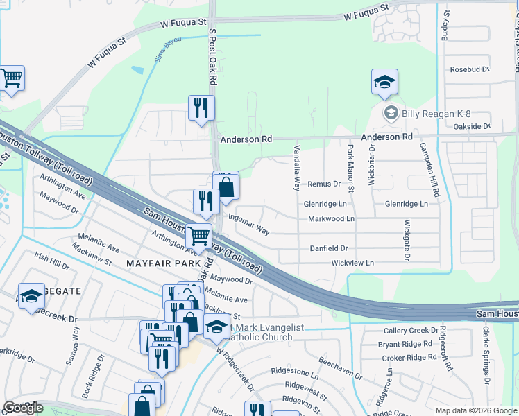 map of restaurants, bars, coffee shops, grocery stores, and more near 5402 Markwood Lane in Houston