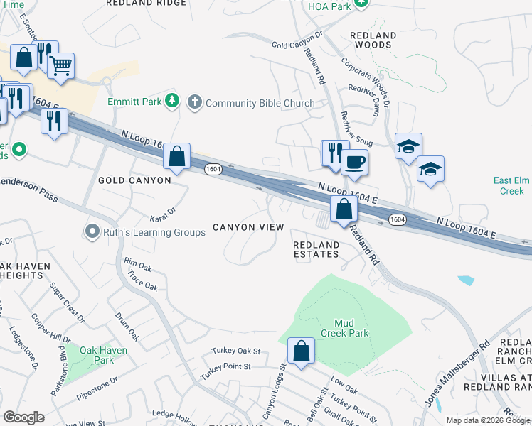 map of restaurants, bars, coffee shops, grocery stores, and more near 2618 Melrose Canyon Drive in San Antonio