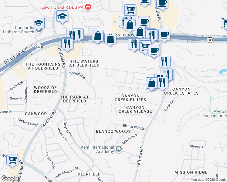 map of restaurants, bars, coffee shops, grocery stores, and more near 1348 West Blanco Road in San Antonio