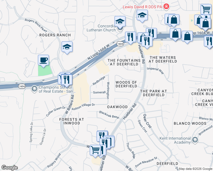 map of restaurants, bars, coffee shops, grocery stores, and more near 16723 Worthington in San Antonio