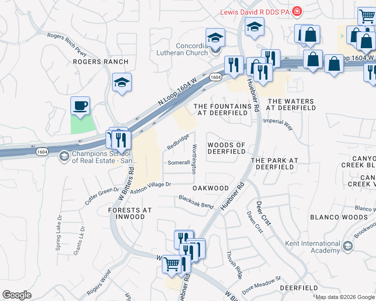map of restaurants, bars, coffee shops, grocery stores, and more near 16723 Worthington in San Antonio