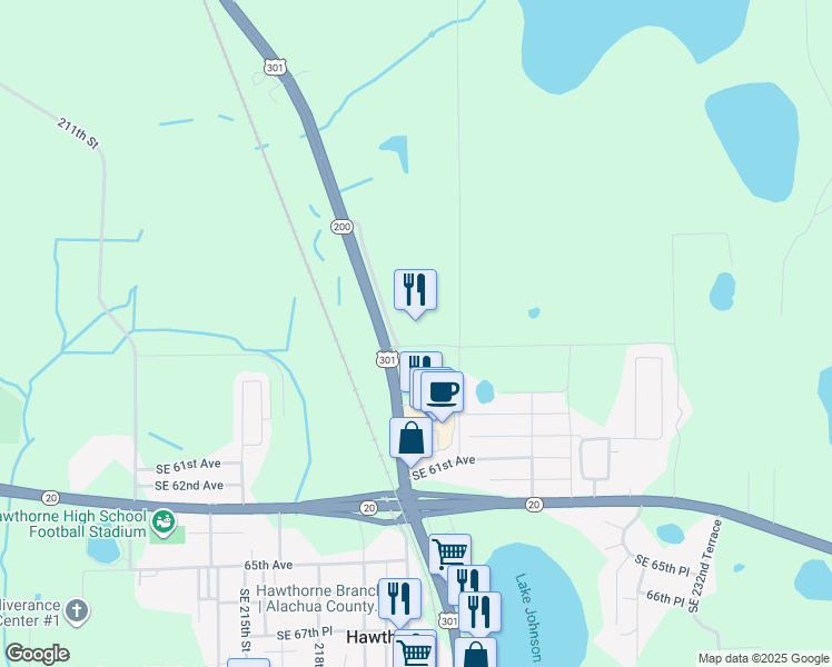 map of restaurants, bars, coffee shops, grocery stores, and more near U.S. 301 in Hawthorne