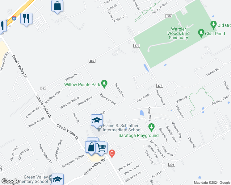 map of restaurants, bars, coffee shops, grocery stores, and more near 125 Creek Run in Cibolo