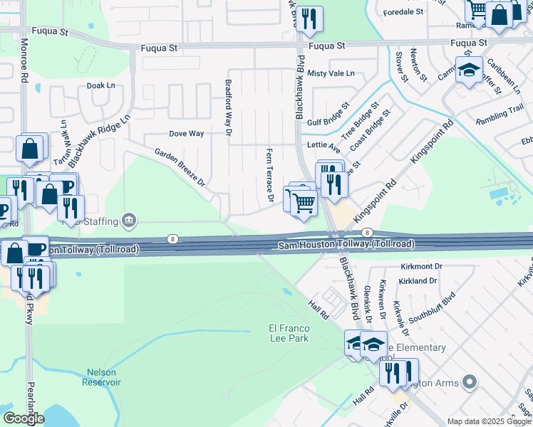map of restaurants, bars, coffee shops, grocery stores, and more near 9302 Carmalee Street in Houston