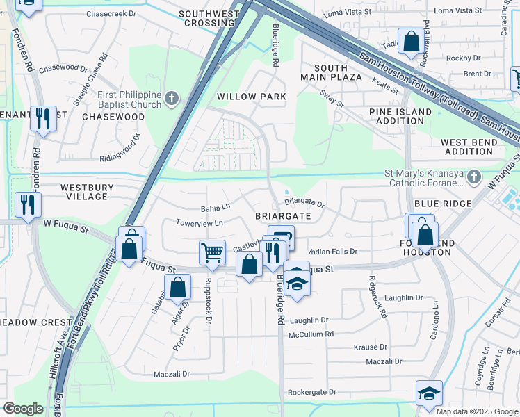 map of restaurants, bars, coffee shops, grocery stores, and more near 7111 Towerview Lane in Missouri City